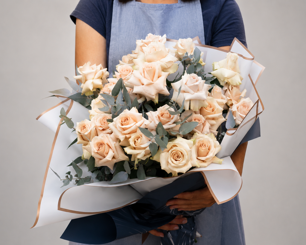 Blush Roses with Eucalyptus